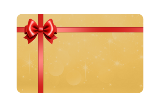 Luxury red and gold gift card PNG template with sparkling bow, twinkling star lights, and glitter elements for holiday, birthday, gift box, or festive occasions