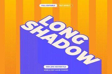Bold “LONG SHADOW” text in cream and purple with vibrant orange background. Editable EPS file perfect for retro themed graphics, posters, and modern pop art designs