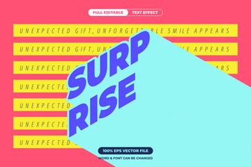Playful “SURPRISE” text in bold purple with cyan long shadow over a pink and yellow background. Editable EPS vector perfect for greeting cards, party invites, or creative content