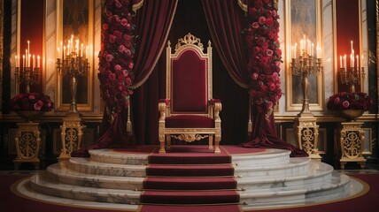 Grand Royal Throne in an Opulent Palace Throne Room Decorated with Red Roses and Golden Accents. 
