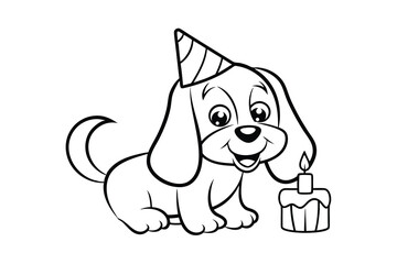 Adorable puppy celebrates birthday with cake line drawing