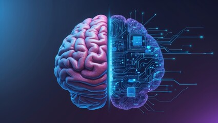 A striking visual concept of the human brain merging with digital circuitry, representing AI and innovation.