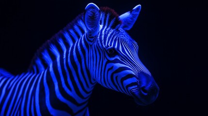 Zebra illuminated in vibrant blue light against a black backdrop