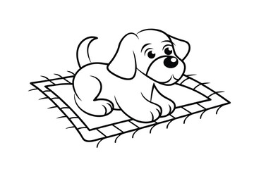 Adorable puppy line drawing on a rug cartoon illustration
