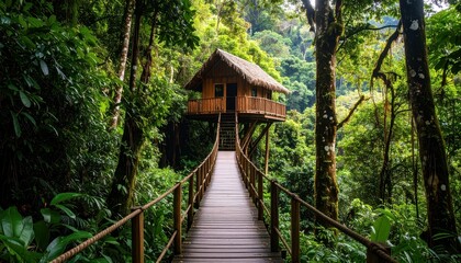 Obraz premium Serene Pathway Leading to a Secluded Treehouse in Forest Canopy