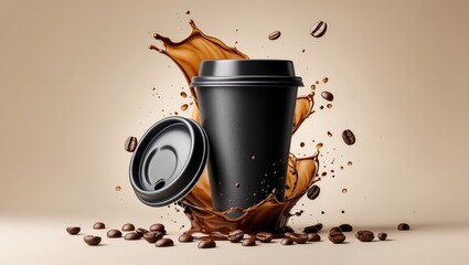 A striking image of a black coffee cup with coffee beans and a rich coffee splash.