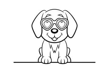 Adorable puppy wearing heart shaped sunglasses line drawing