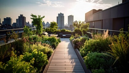 Fototapeta premium Secret Rooftop Garden Pathway in a City Setting at Sunset