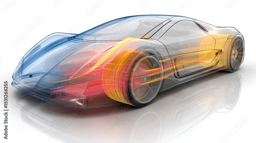 Poster adaptive airflow shown in vehicle shaping and fluid dynamics symbolizing aerodynamic design