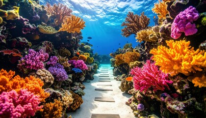 Fototapeta premium Colorful Underwater Pathway through Vibrant Coral Reef Cityscape