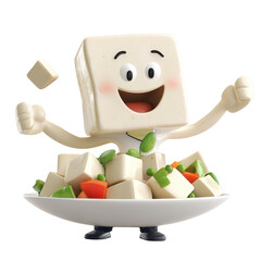 Tofu character joyfully promotes healthy eating with fresh vegetables in a vibrant kitchen setting