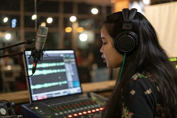 Female DJ in action at a party, controlling music with her equipment and computer