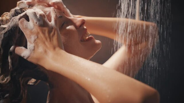 close-up happy woman smiling face taking shower rain under water drops streams applies shampoo to long wet hair hands fingers create foam. Girl enjoying soaps bathing back rear view, healthy self care