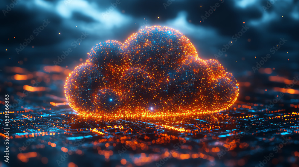 Poster A captivating digital representation of a glowing cloud, symbolizing cloud computing and data storage in a modern cityscape.