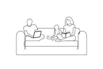 Family relaxing on couch line drawing illustration