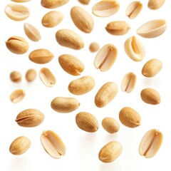 Obraz premium Many roasted peanuts falling on white background food photography