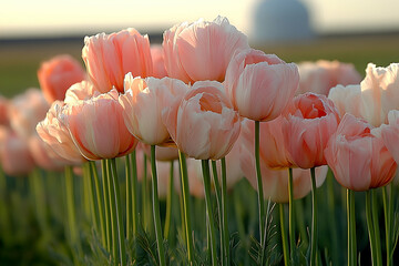 Rows of beautiful pink tulips bask in soft sunlight, a blurry background hinting at a vast open space