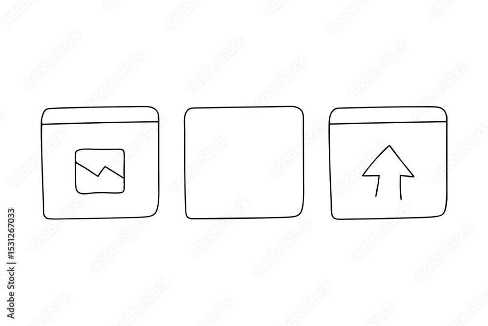 Poster simple line drawing of upload download and blank webpage icons