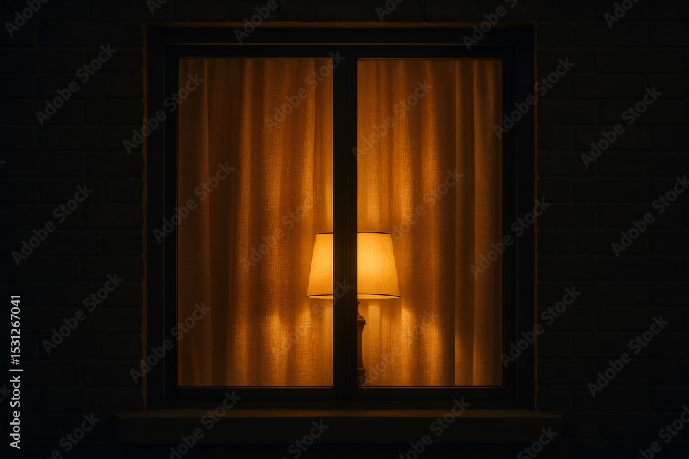 Poster warm light from a lamp illuminates a window with curtains at night, creating a cozy and inviting atm