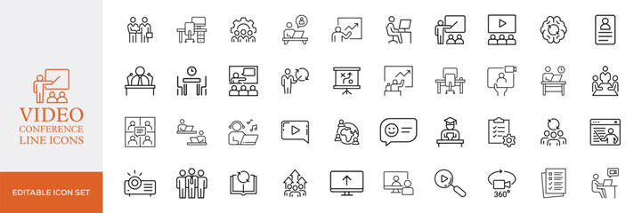 Big set of video conference line icons. Meeting, online, live, call etc. Editable stroke