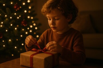 Cute child excitedly opening a colorful Christmas present beside a beautifully lit Christmas tree, embracing the magic of the holiday season