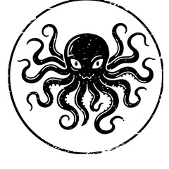 Black and white distressed octopus illustration, vector graphic design element