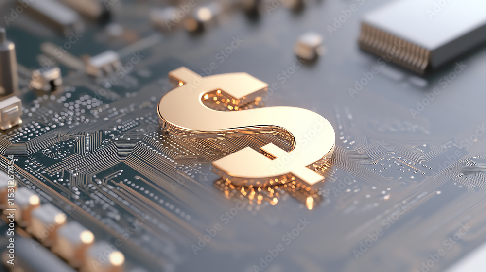 Poster a close-up view of a circuit board featuring a prominent golden dollar sign symbolizing finance and 