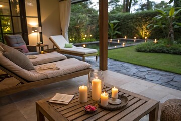 An inviting luxury hotel pool interior designed for ultimate relaxation, featuring elegant furniture and natural light from large windows