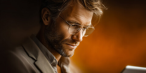 Focused Business Leader Analyzing International Marketing Statistics on Tablet Interface with 3D Global Connection and Real-Time Engagement Visuals