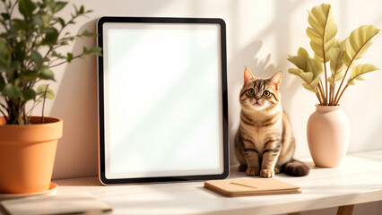 Adorable ginger kitten with blue eyes lying on a cozy bed next to a tablet with blank screen. Cute pet moment blending technology and comfort at home.