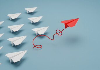 Red paper airplane leading the way concept of leadership and innovation for business strategy success