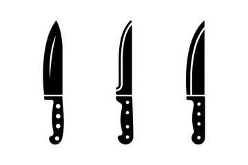 Three black silhouette knives in a row on white