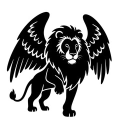 Black and White Winged Lion Illustration, Vector Design