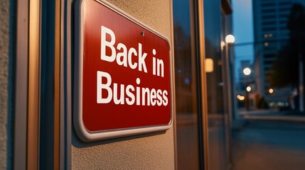 Back in business sign indicating a store's reopening during evening hours in an urban setting