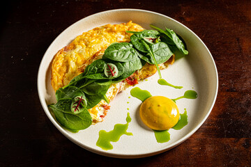 A delightful omelette is served with creamy sauce and fresh spinach for a vibrant dish