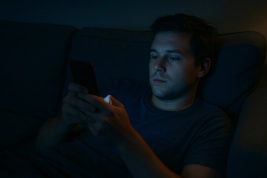 Young man using mobile phone lying on the couch at night in the dark, illuminated only by the screen light