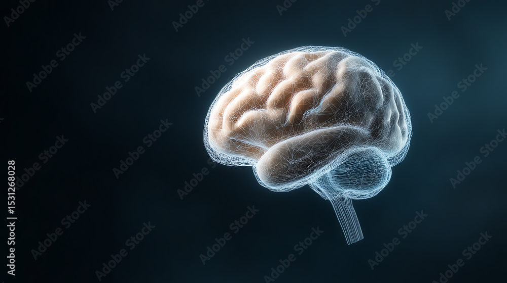 Poster A detailed, 3D visualization of a human brain, showcasing its unique structure and complexity against a dark background.