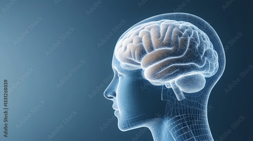 Poster a detailed illustration of a human brain in profile view, showcasing its intricate structure and neu