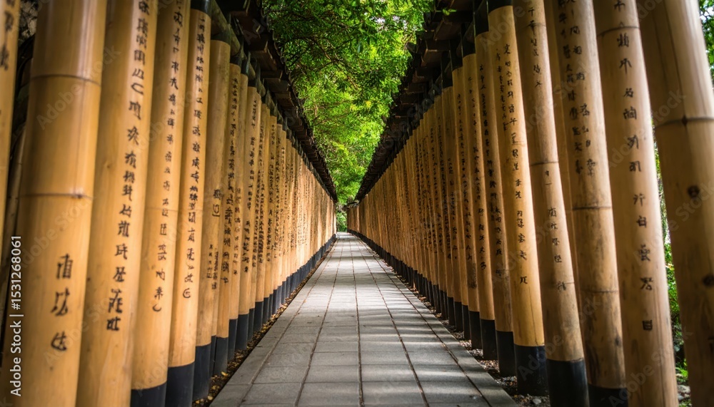Poster ancient pathway surrounded by bamboo columns of knowledge scrolls