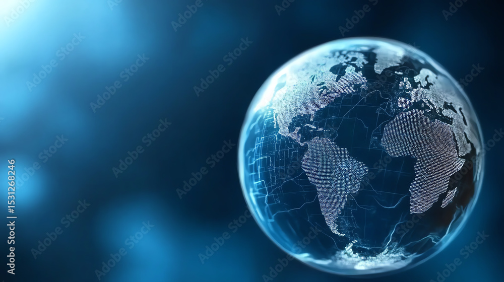 Poster A digital representation of Earth with a modern technology flair, showcasing interconnected data and global networks.