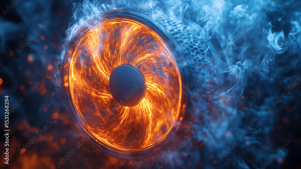 Poster A dynamic blend of fire and smoke creates a mesmerizing visual of energy and power, showcasing captivating elements of technology.