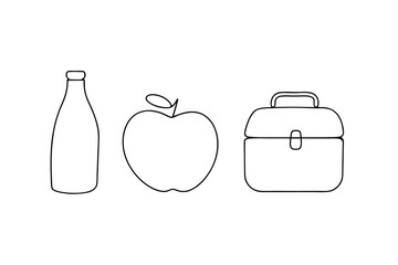 Simple line drawing of lunchbox apple and juice bottle
