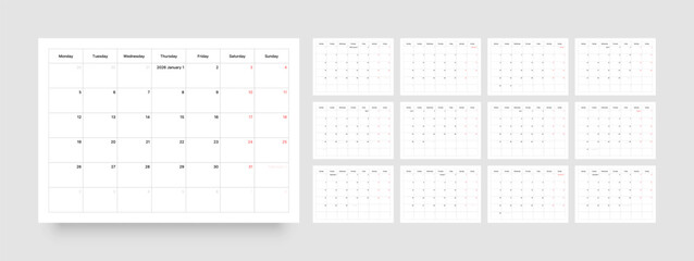 Monthly calendar layout for 2026 year. Minimalistic Diary planner for 2026 year. Week Starts on Monday. 