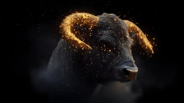 Dark bull head, golden sparks adorn horns. Smoky background