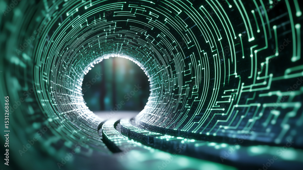 Aufkleber A futuristic tunnel illuminated with glowing circuit patterns, representing advanced technology and digital innovation.