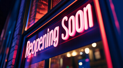 Bright reopening sign illuminating nighttime street, inviting customers to return to local business soon