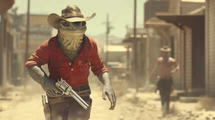 An iguana in a cowboy hat and red shirt with a revolver walks through a Wild West town. A sunset duel atmosphere filled with dust and tension