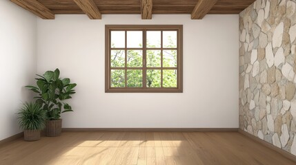 Bright and airy interior space with natural light, wooden beams, stone wall, and greenery in modern design aesthetic