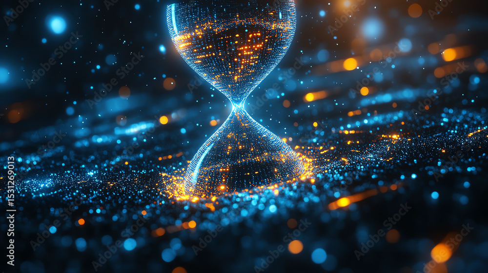 Poster a glowing hourglass symbolizing the passage of time, surrounded by shimmering particles and digital 