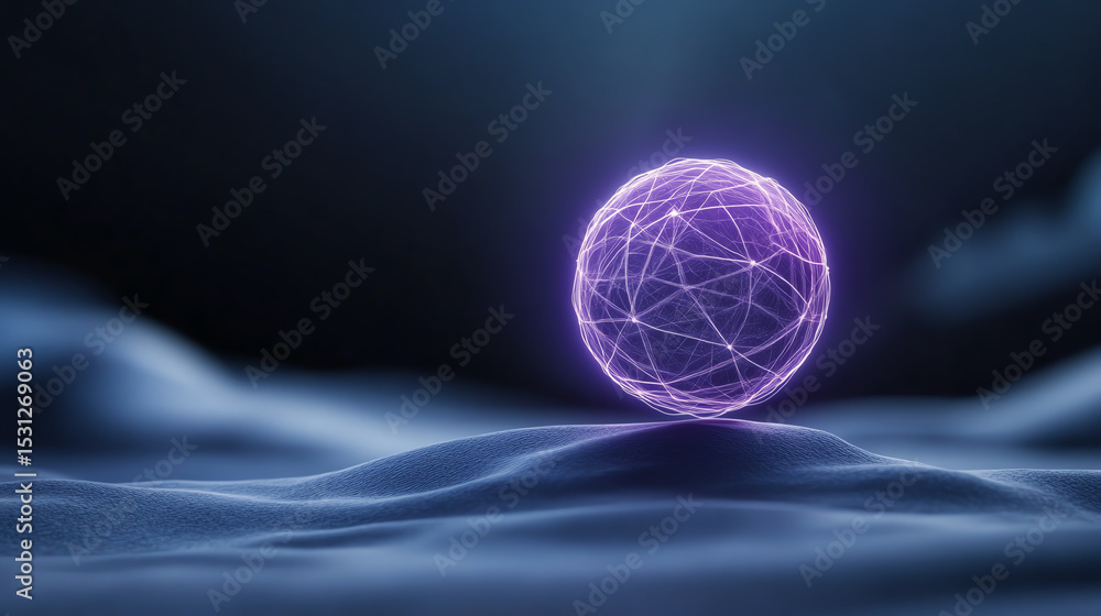 Poster A glowing purple sphere with interconnected lines representing technology, innovation, and futuristic concepts in a digital landscape.